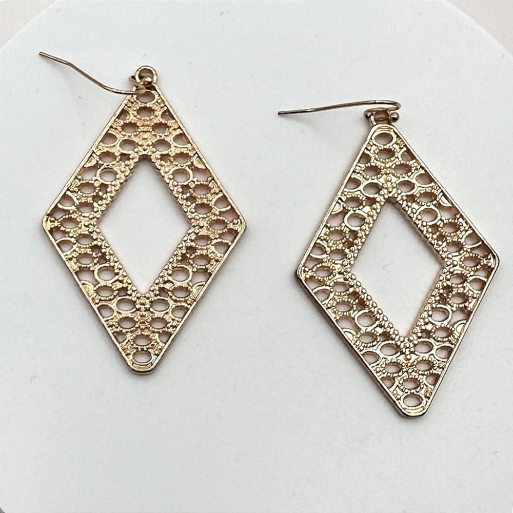 Vintage 90s Gold Tone Filigree Rhombus Dangle Earrings Geometric Cut out Jewelry